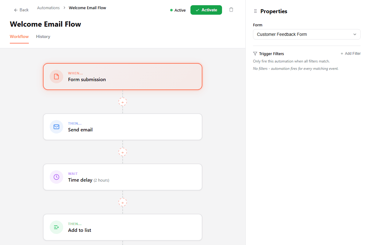 Spiceform automation workflow builder showing triggers and action steps