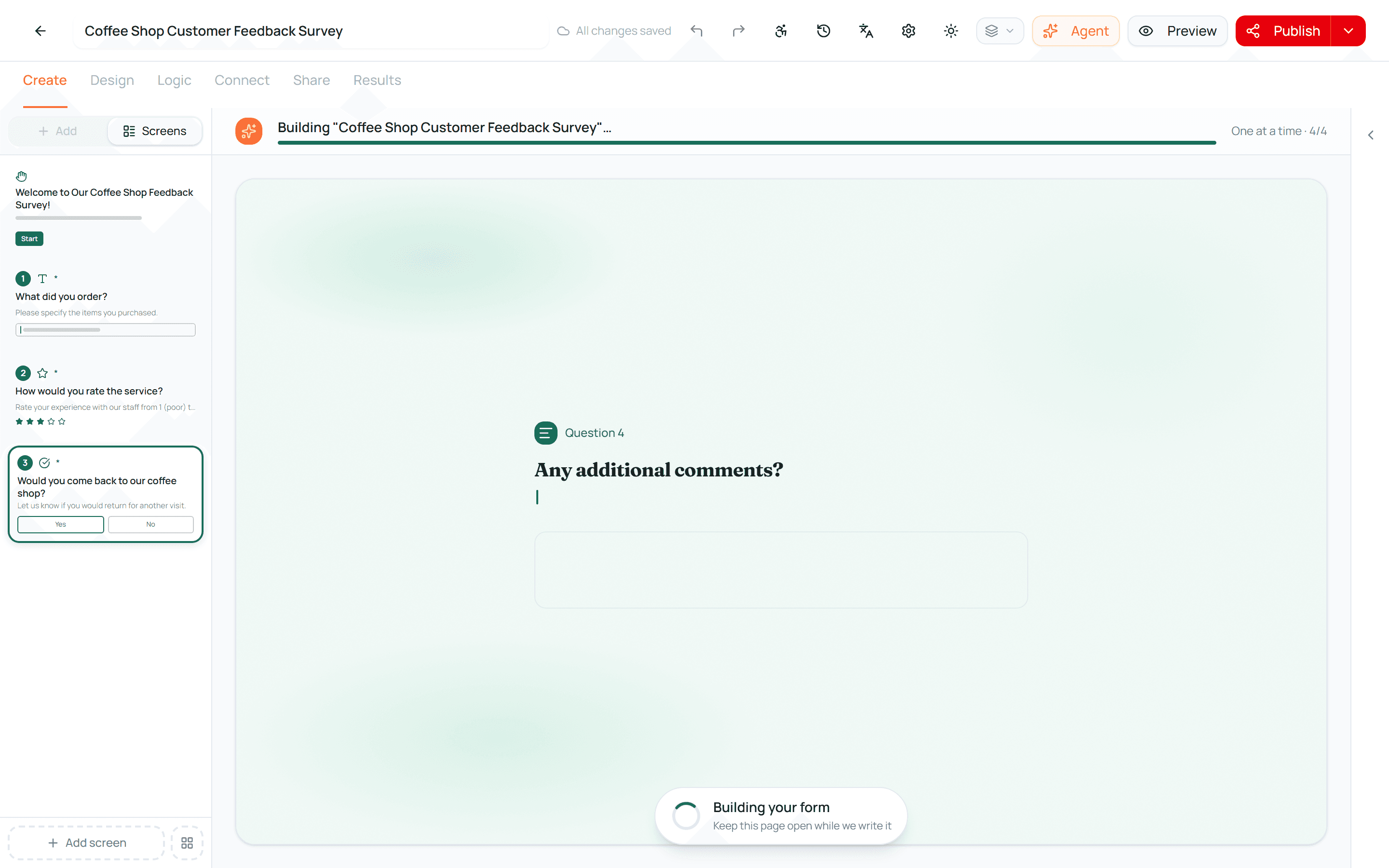 Spiceform building a form in the editor, typing a question onto the canvas with three finished screens listed beside it