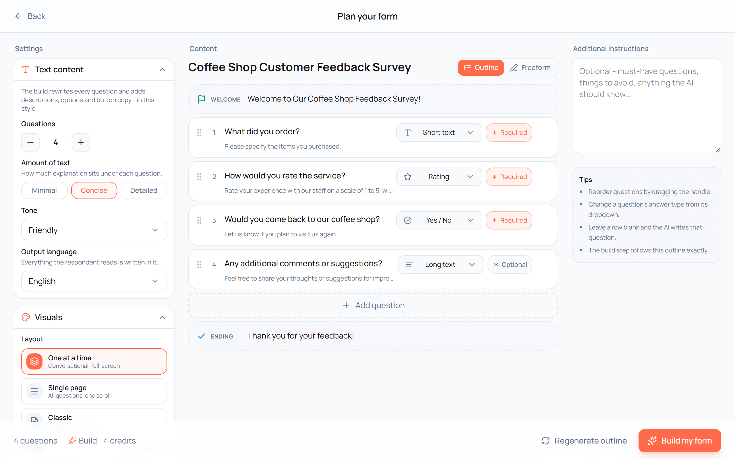 Spiceform's plan screen listing four proposed questions for a coffee shop feedback survey, each with the answer type it will be given